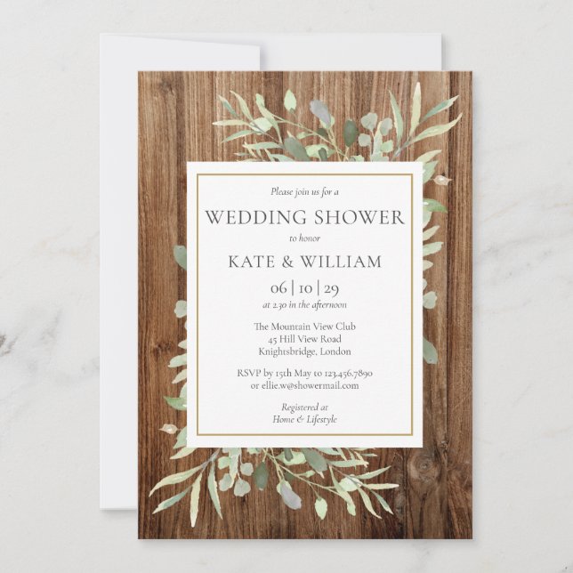 Invitación Ducha de Boda Floral de Madera Rústica (Anverso)