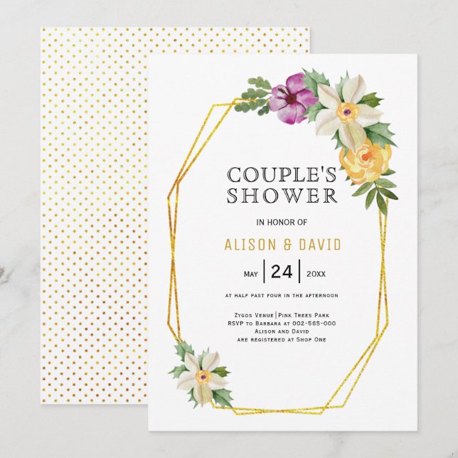 Invitación Ducha de boda floral de polígono geométrico (Anverso / Reverso)