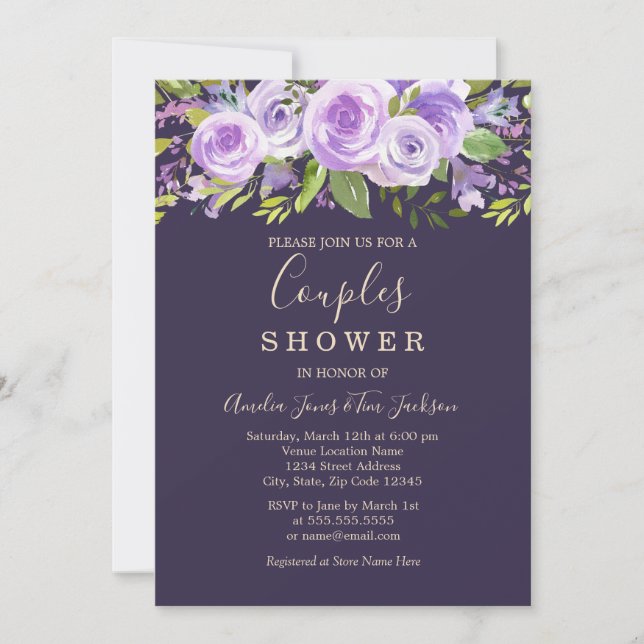 Invitación Ducha de boda floral de rosa lavanda para parejas (Anverso)