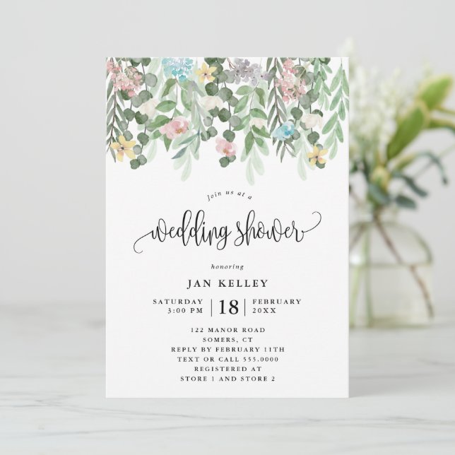 Invitación Ducha De Boda Floral, Flores De Cabaña De Acuarela (Anverso de pie)