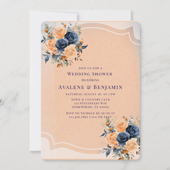 Invitación Ducha de boda floral pintada con una capa azul de  (Anverso)