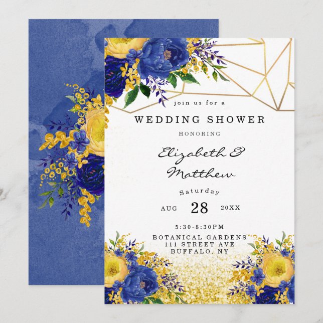 Invitación Ducha de boda floral pintada de oro amarillo azul (Anverso / Reverso)