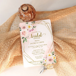 Invitación Ducha de Boda Geométrica Dorada con Floral Rosado 