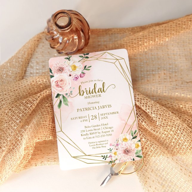 Invitación Ducha de Boda Geométrica Dorada con Floral Rosado  (Subido por el creador)
