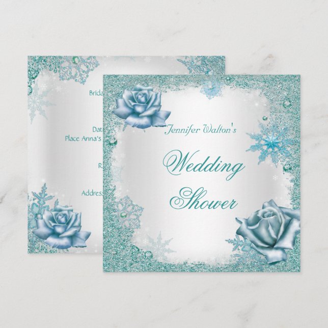 Invitación Ducha de Boda Glitter Azul Teal Blanco Rosas (Anverso / Reverso)