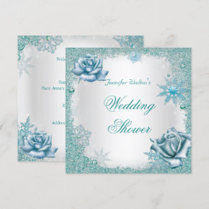 Invitación Ducha de Boda Glitter Azul Teal Blanco Rosas