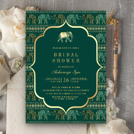 Invitación Ducha de Boda India del Elefante Esmeralda y Oro