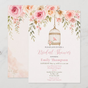 Invitación Ducha de Boda Jaula de Pájaros Floral Rosa