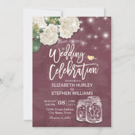 Invitación Ducha de boda Mason Jar Hydrangea Luces Borgoña