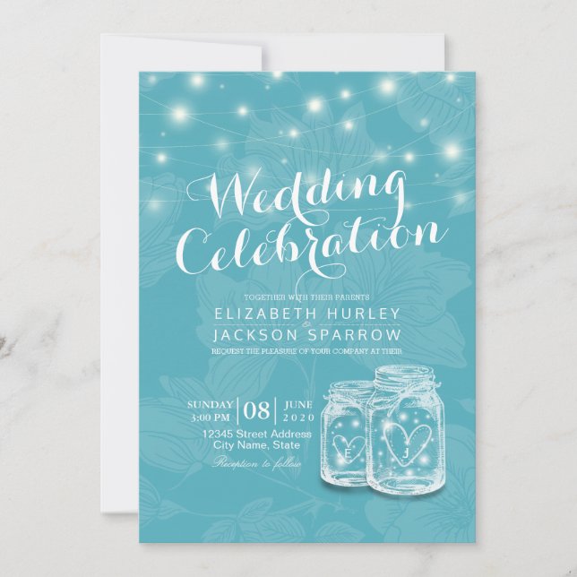 Invitación Ducha de boda Mason Jar String Luces Floral Azul (Anverso)