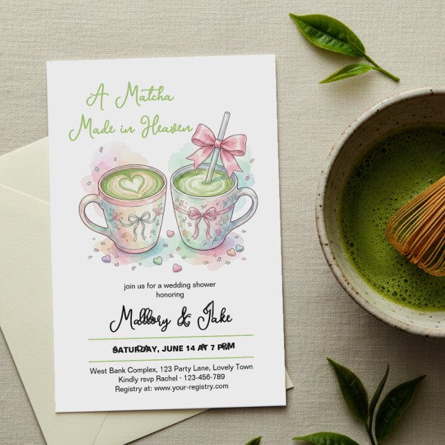 Invitación Ducha de Boda Matcha Hecha en el Cielo con Lazo Ro (Available to order professionally printed or as an instant digital download to print or share.)