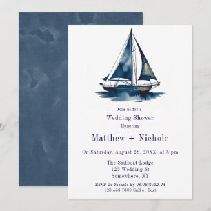 Invitación Ducha de boda náutica de barco de vela azul y dora