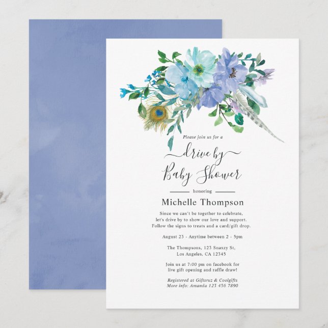 Invitación Ducha de Boda o de Bebé Boho Verde y Azul (Anverso / Reverso)