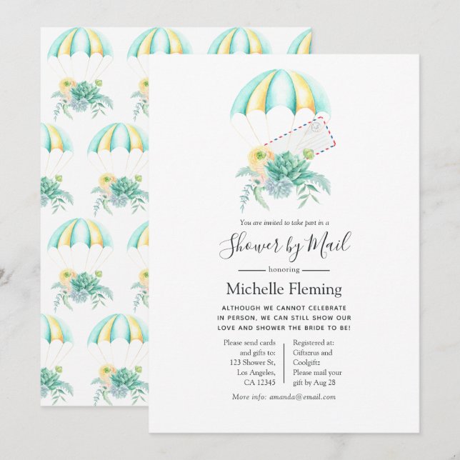 Invitación Ducha de boda o de bebé con paracaídas de suculent (Anverso / Reverso)