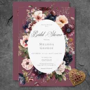Invitación Ducha de Boda Oval Floral Burgundy Oscuro