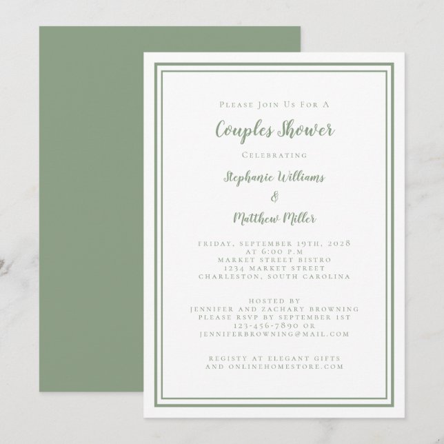 Invitación Ducha de Boda para Parejas Compromiso Verde Salvia (Anverso / Reverso)