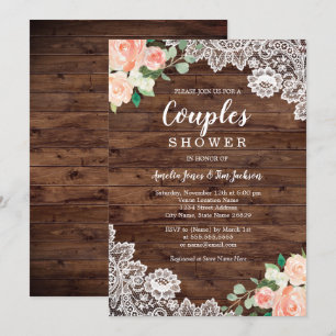 Invitación Ducha de Boda Rústica Floral de Madera para Pareja