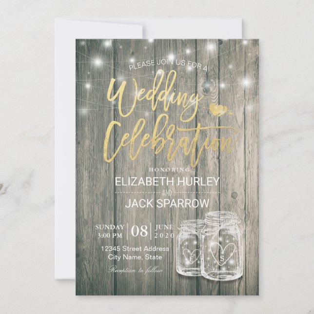Invitación Ducha de boda Rústica Madera Mason Jar String Luce (Anverso)