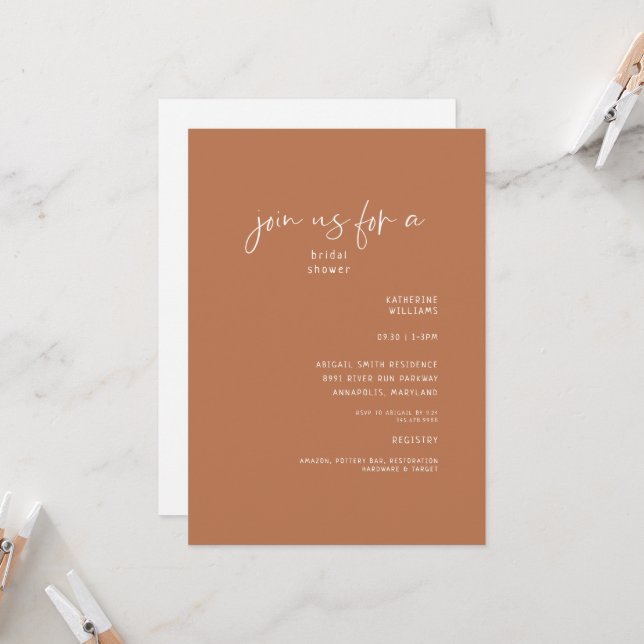 Invitación Ducha de Boda Sencilla de Terracota (Anverso/Reverso In Situ)
