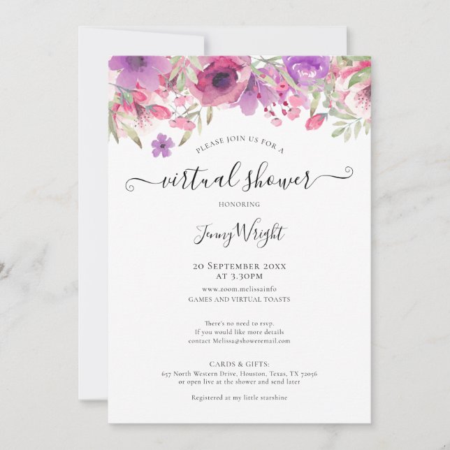 Invitación Ducha de Boda Virtual o de Bebé Acuarela Floral (Anverso)