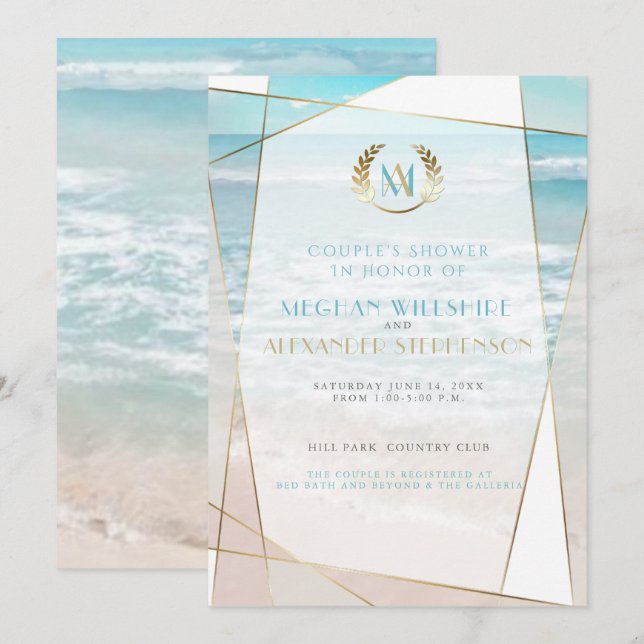Invitación Ducha de bodas | Boda moderna en Playa Monograma (Anverso / Reverso)