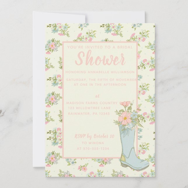 Invitación Ducha de bodas con lluvia rosa e marfil (Anverso)
