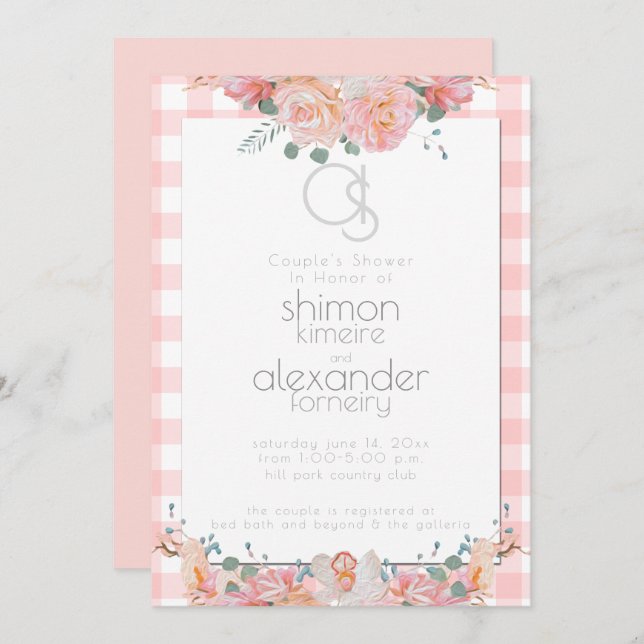 Invitación Ducha de bodas | Coral Floral Pintado Monograma (Anverso / Reverso)
