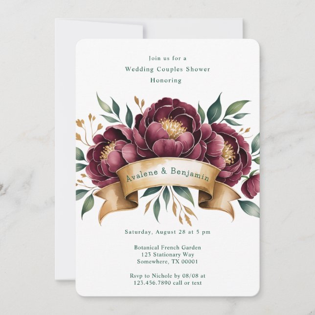 Invitación Ducha de Bodas de borgoña y peonia esmeralda (Anverso)