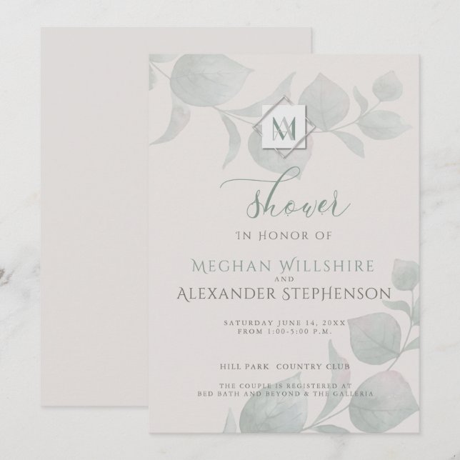 Invitación Ducha de bodas de eucalipto de sabio plateado (Anverso / Reverso)
