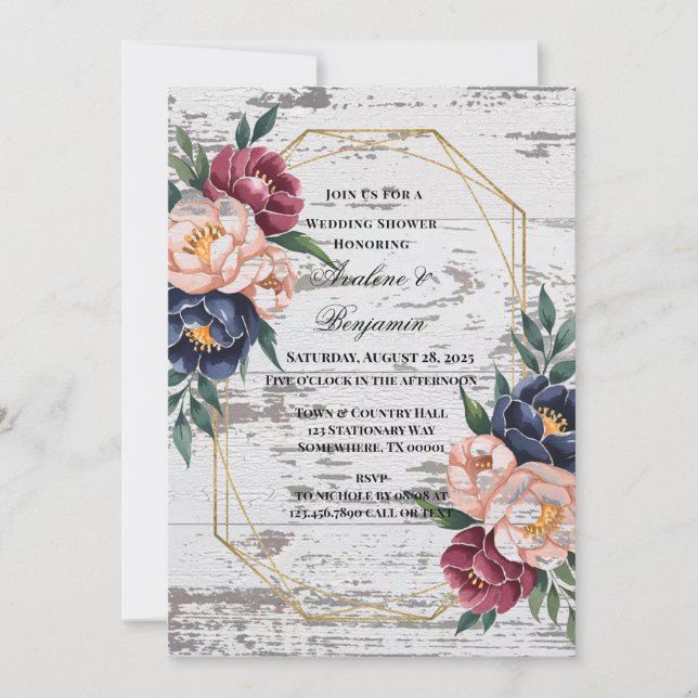 Invitación Ducha de bodas de madera rosa de borgoña marina (Anverso)