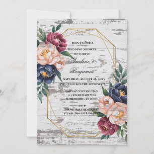Invitación Ducha de bodas de madera rosa de borgoña marina