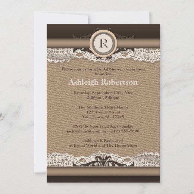 Invitación Ducha de bodas de monograma rústico y de encaje (Anverso)