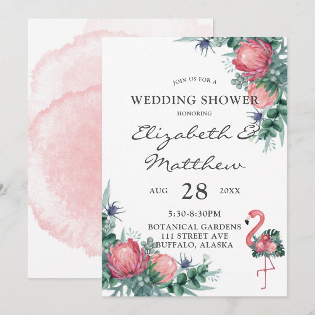 Invitación Ducha de bodas de peones Flamingo rosa tropical (Anverso / Reverso)