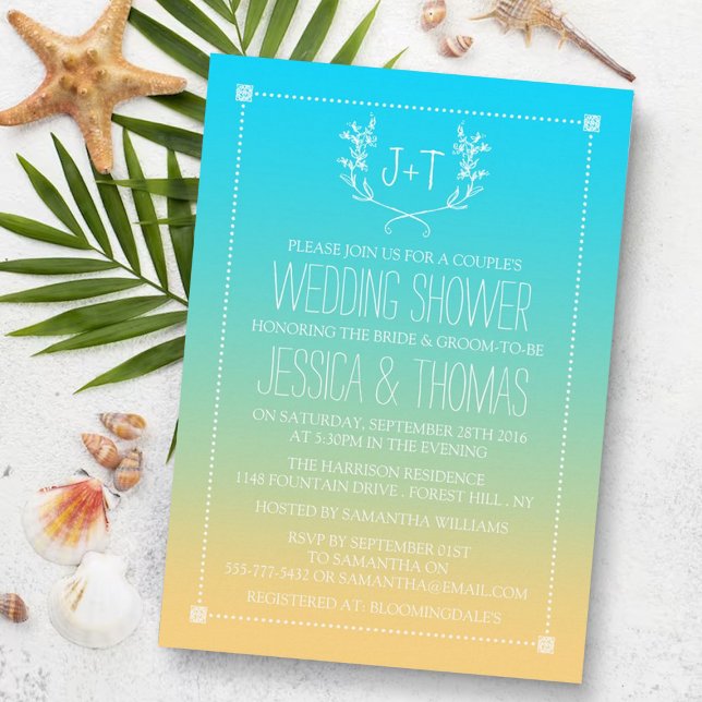 Invitación Ducha de bodas de playa de Ombre de Wreath monogra (Subido por el creador)