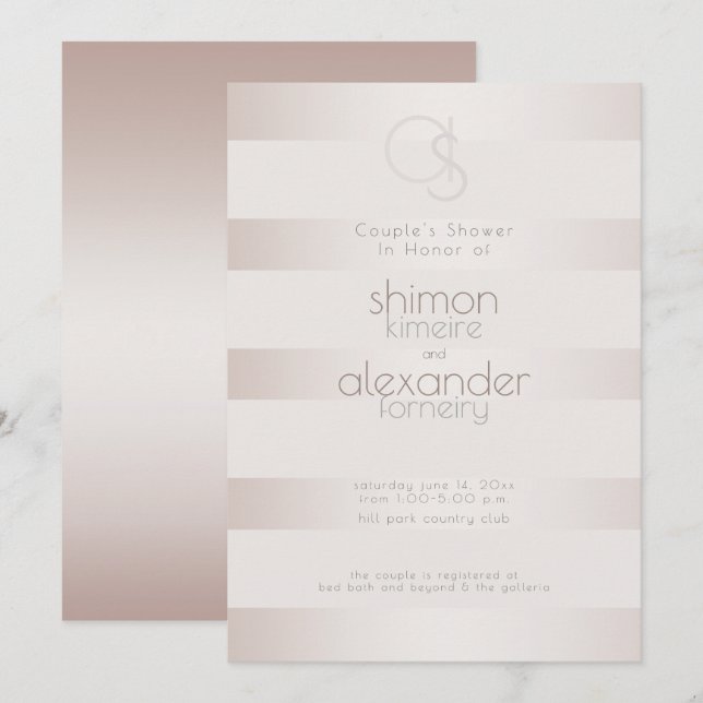 Invitación Ducha de bodas | Elegante Rubor Moderno Pearl Stri (Anverso / Reverso)