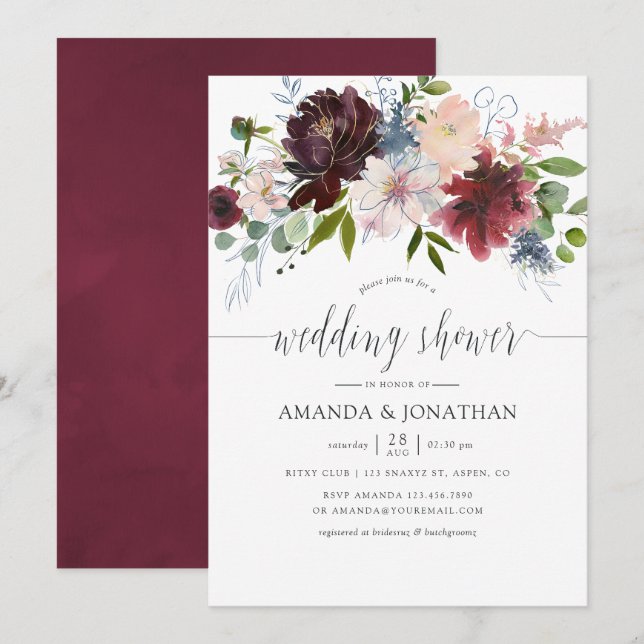 Invitación Ducha de bodas florales de Borgoña y la Marina (Anverso / Reverso)