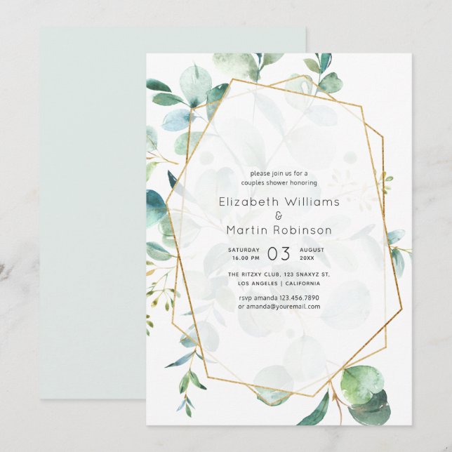 Invitación Ducha de bodas geométrica de eucalipto pastel para (Anverso / Reverso)