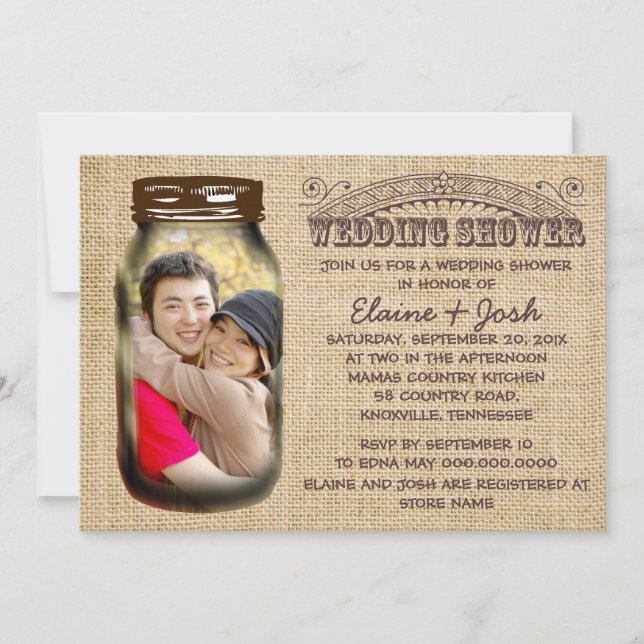 Invitación Ducha de bodas Mason Jar Rustic Burlap (Anverso)