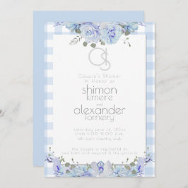 Invitación Ducha de bodas | Monograma, Azul Floral Pintado