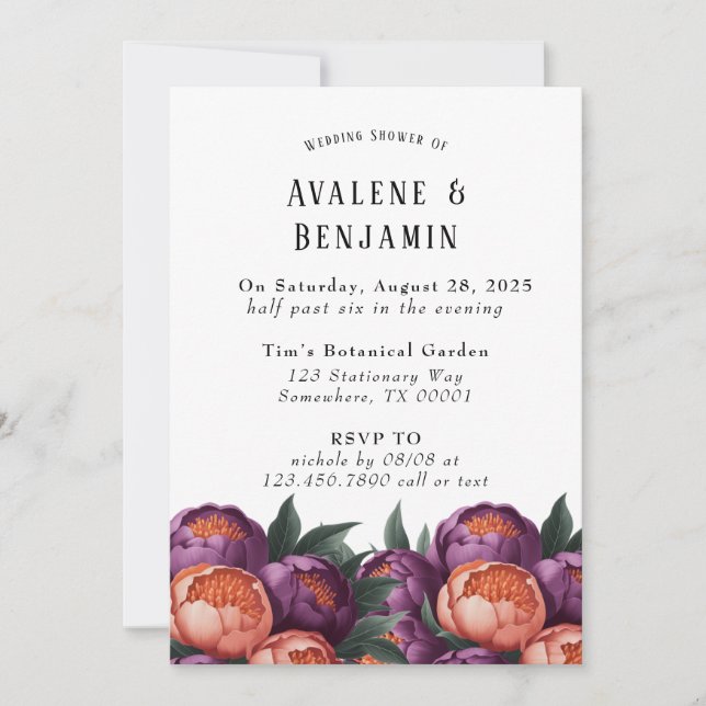 Invitación Ducha de bodas peónicas con plumas y Naranjas (Anverso)