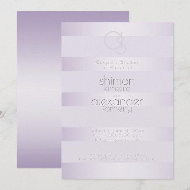 Invitación Ducha de bodas | Rayas de brillo Lilac Monograma (Anverso / Reverso)