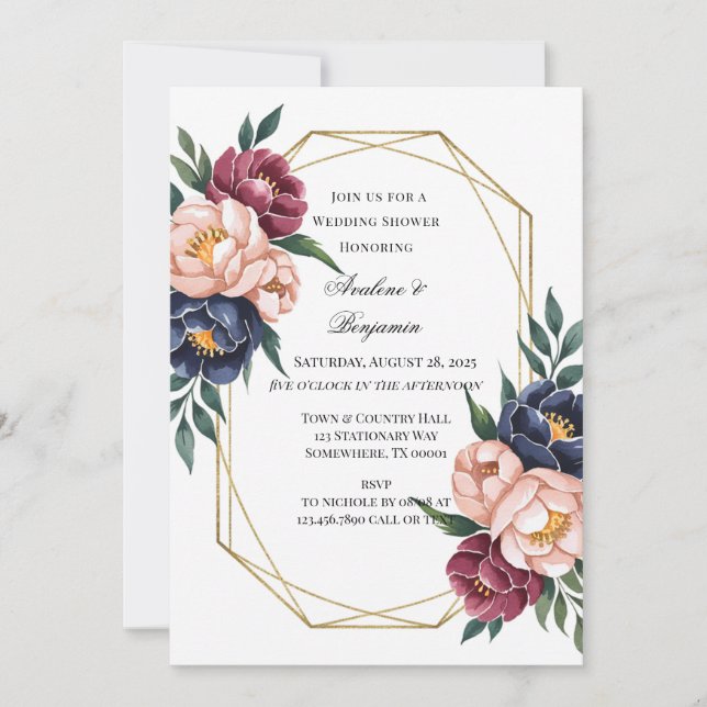 Invitación Ducha de bodas rosadas de la Marina Borgoña Rubor (Anverso)