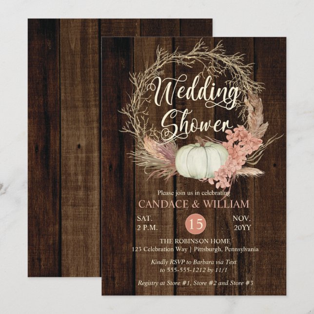 Invitación Ducha de bodas - Wreath de calabaza rústica (Anverso / Reverso)