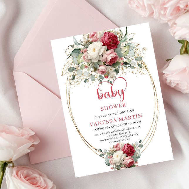 Invitación Ducha de Boho sin tiempo Rojo Carmesí Blanco Verdo (Timeless Boho Crimson Red White Greenery Shower)