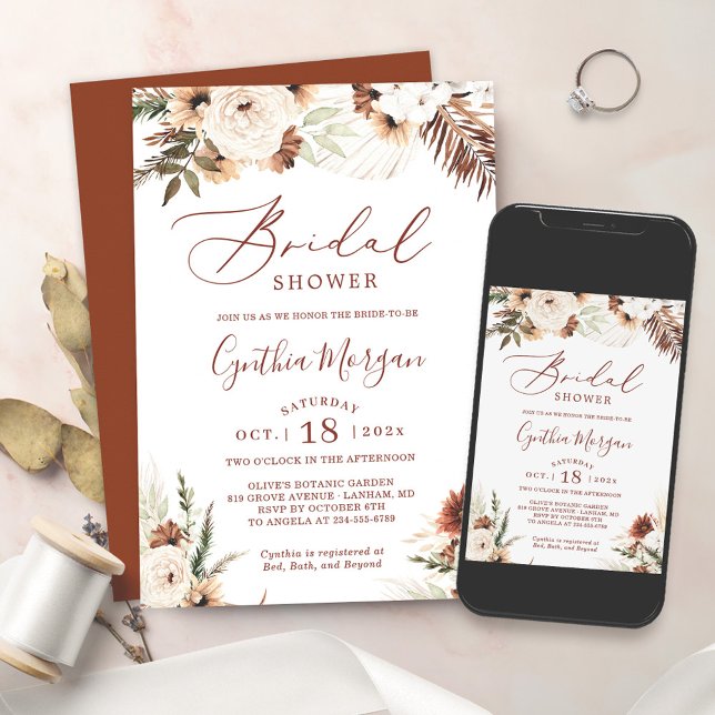 Invitación Ducha de Boho Terracotta Pampas Grass Floral Brida (Perfect choice for a chic and trendy bridal shower celebration.)