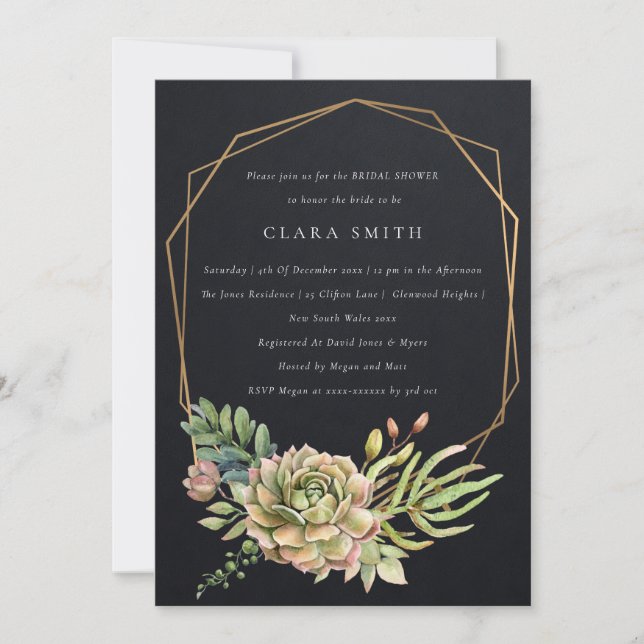 INVITACIÓN DUCHA DE BRIDAL DE CACTI, SUCULENTE DESIERTO NEGRO (Anverso)