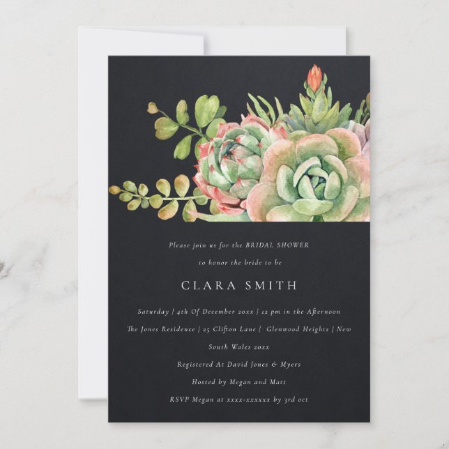 INVITACIÓN DUCHA DE BRIDAL DE CACTI, SUCULENTE DESIERTO NEGRO (Anverso)