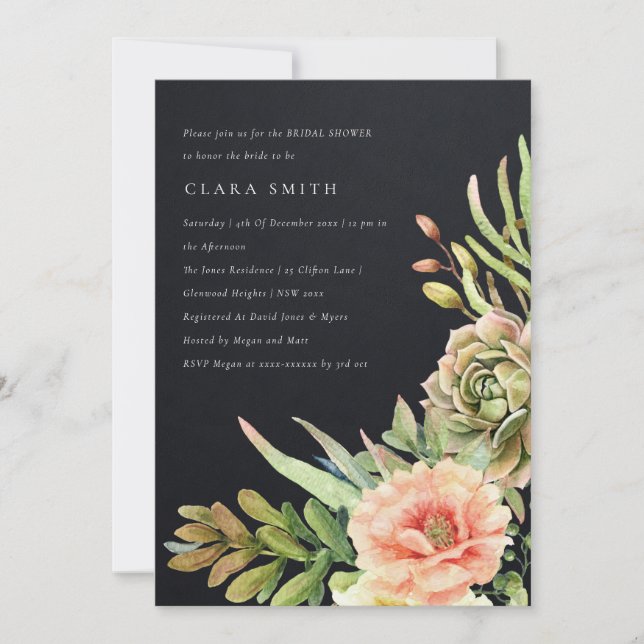 INVITACIÓN DUCHA DE BRIDAL DE CACTI, SUCULENTE DESIERTO NEGRO (Anverso)