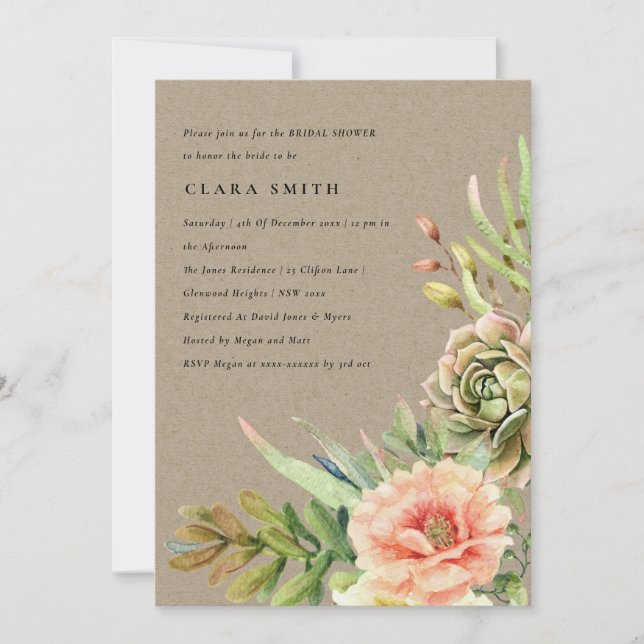 INVITACIÓN DUCHA DE BRIDAL DE LA CARRETERA DE CACTI, SUCULENT (Anverso)