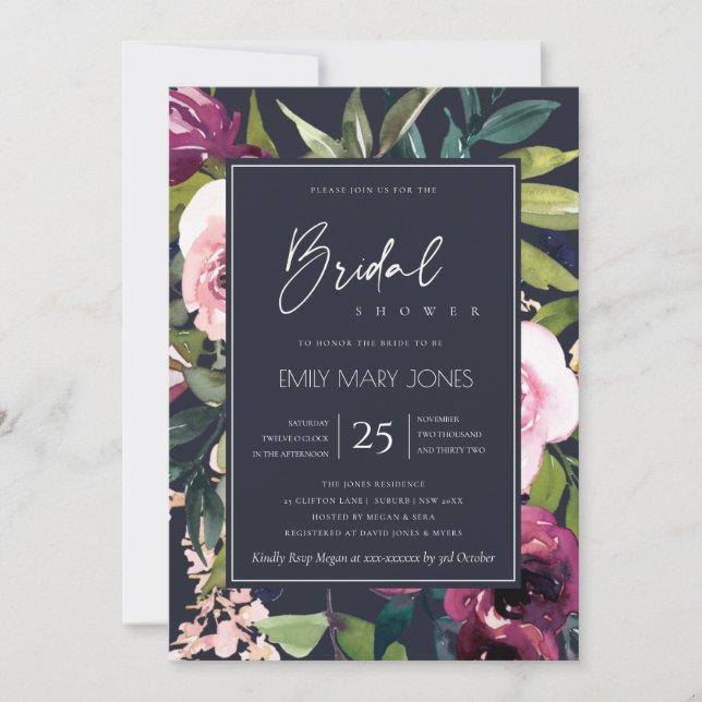 INVITACIÓN DUCHA DE BRIDAL DE LA FLORAL BUNCH DE NAVY RUBOR B (Anverso)